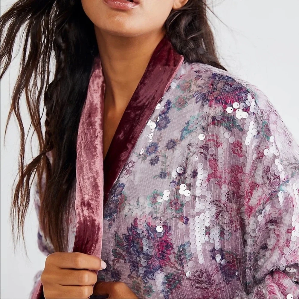Free People Kealey Kimono Sequin in Pink Combo